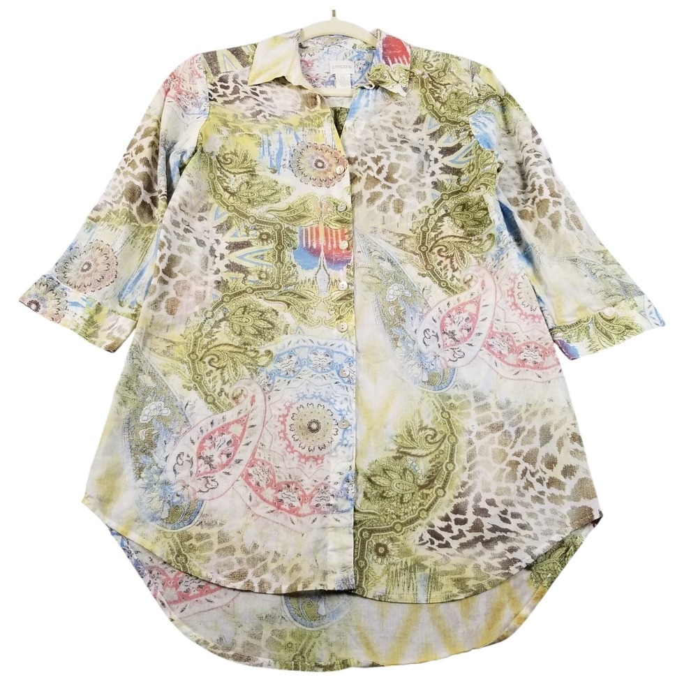 Chico's Button Up Shirt Womens 0 Small S Paisley Animal Print Sheer Cotton Top